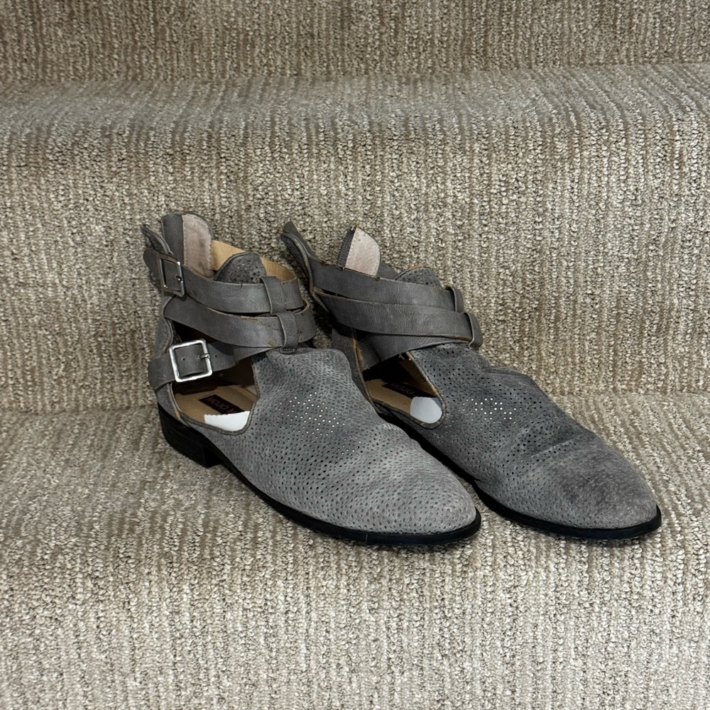 Gray Cutout Ankle Boots with Buckle Straps